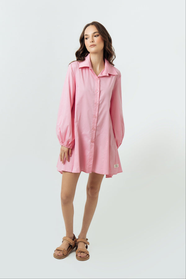 Vestido rosa tipo camisero con manga bombacha y resorte en puño Mini Shirt