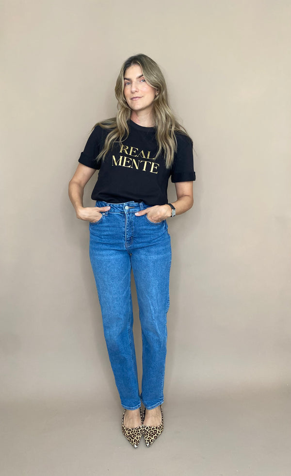 Camiseta negra en algodón cuello redondo estampado en dorado Real-mente